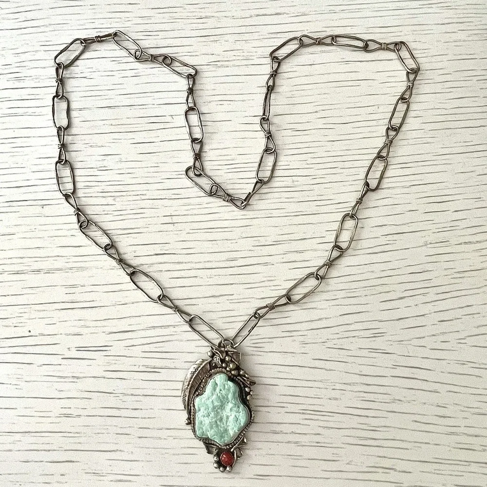 VTG Navajo Turquoise Pendant 2.5in Seafoam Nugget Paperclip Chain Necklace Old